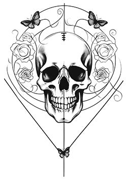 Tattoo template of a skull, roses, and a butterfly