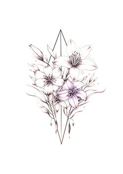 Tattoo template of a floral arrangement with lilies and cherry blossoms in a geometric diamond frame