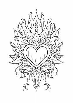 Tattoo template of a heart with floral patterns and flames for deep emotional and spiritual significance