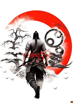 Tattoo template of a lone samurai with a backdrop of red sun and trees