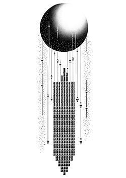 Tattoo template of a dotwork cityscape transforming into abstract depths