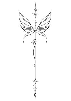 Tattoo template of a delicate wing design with intricate lines and a single droplet hanging below.