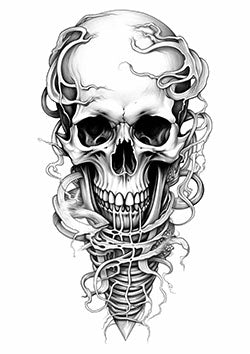 Tattoo template of a skull entwined with vines to symbolize life and death