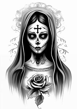 Tattoo template of a sugar skull lady with a rose