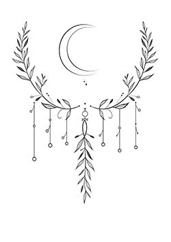 Tattoo template of a crescent moon with delicate leaf-like branches and ornamental elements.