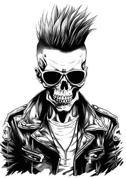 Tattoo template of a skeletal punk rocker in a leather jacket and sunglasses.