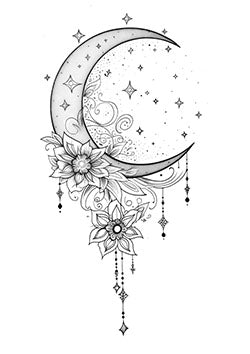 Tattoo template of a crescent moon with floral designs and stars