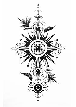 Tattoo template of a compass with feathers and eyes.