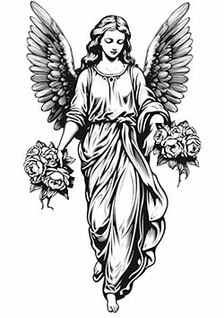 Tattoo template of a graceful angel with wings and roses