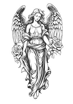 Tattoo template of an angelic figure with wings and a rose