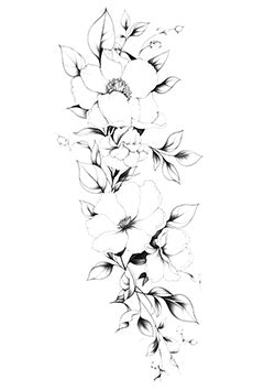 Tattoo template of a delicate floral arrangement with blooming flowers and leaves in black and white.