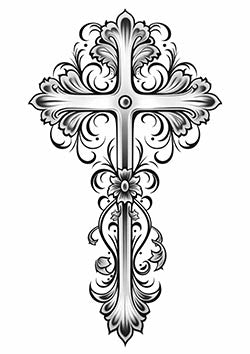 Tattoo template of a filigree floral cross design.