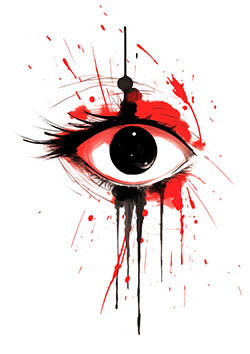 Tattoo template of a striking eye with red ink splashes and black accents, symbolizing intense emotions.