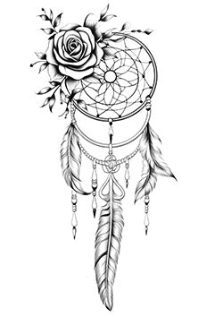 Tattoo template of a dreamcatcher with a rose and feathers, portraying protection and beauty