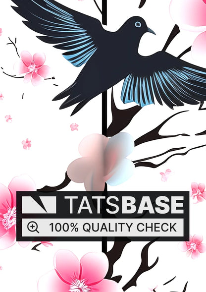 Tattoo template of a bird in flight with cherry blossoms