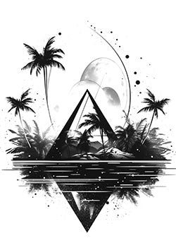 Tattoo template of a geometric tropical scene with an eclipse