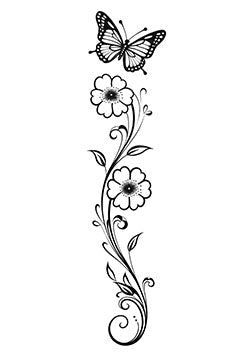 Tattoo template of a butterfly hovering over blooming flowers, exuding natural beauty and elegance