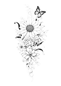 Tattoo template of a detailed floral arrangement with a butterfly