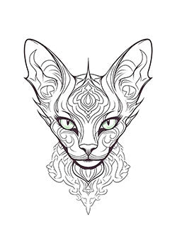 Tattoo template of a majestic cat's face with intricate geometric designs and green eyes