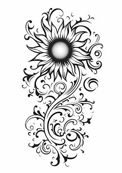 Tattoo template of a stylized sunflower with decorative swirls