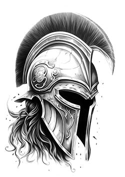 Tattoo template of a Spartan helmet with intricate details and flowing plumes symbolizing strength and nobility