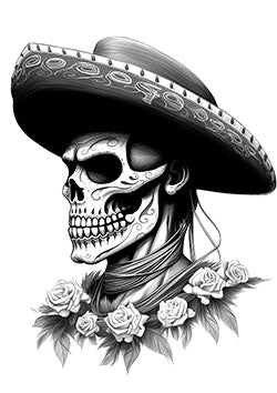 Tattoo template of a detailed sugar skull with a sombrero and roses