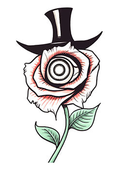 Tattoo template of a surreal rose with an eye and a top hat for a touch of elegance and mystery