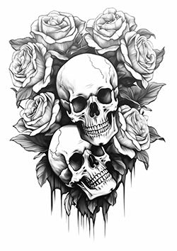 Tattoo template of a skull surrounded by roses