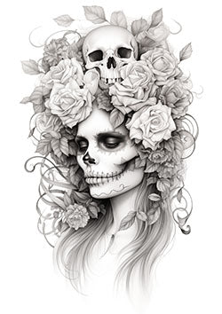 Tattoo template of a skeletal woman with a crown of roses and lush foliage, blending macabre beauty with elegance