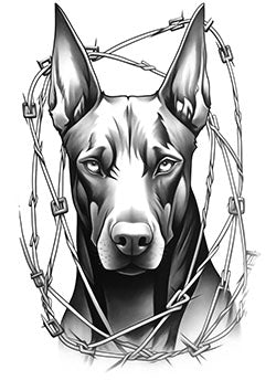 Tattoo template of a vigilant dog surrounded by barbed wire, symbolizing loyalty and protection.