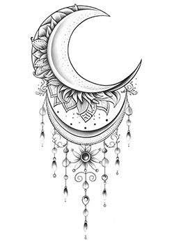 Tattoo template of a crescent moon with floral patterns and hanging ornaments