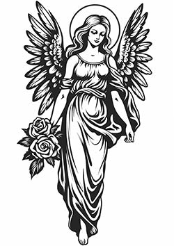 Tattoo template of an angel with wings and roses