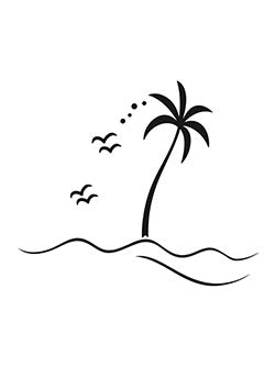 Tattoo template of a palm tree on a shore with birds flying nearby