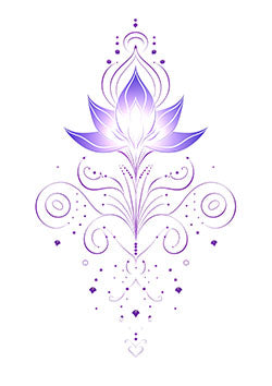 Tattoo template of a radiant purple lotus with swirls and dots, representing purity and spiritual awakening