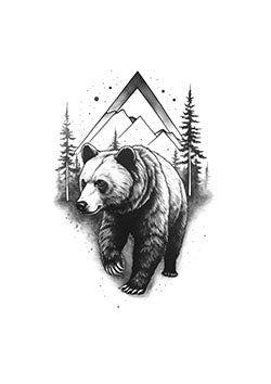 Tattoo template of a majestic bear walking with mountains and pine trees in the background