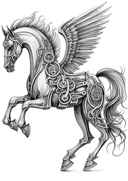 Tattoo template of a mechanical Pegasus with gears and metallic wings, blending fantasy and steampunk elements.