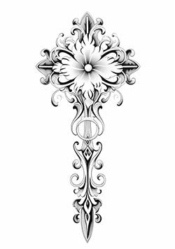 Tattoo template of a floral cross with filigree detailing