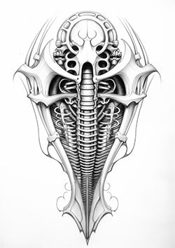 Tattoo template of a surreal biomechanical spine design, blending organic bones and intricate mechanical elements.