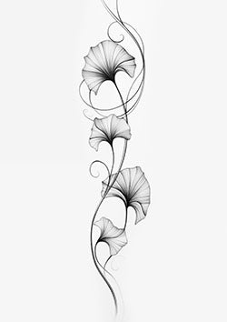 Tattoo template of a vertical ginkgo leaf arrangement with swirling stems for a graceful and serene design