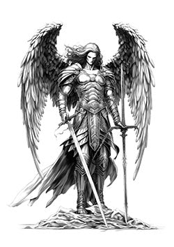 Tattoo template of a warrior angel with armor and wings