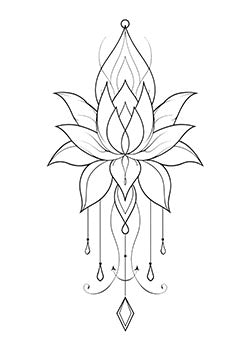 Tattoo template of a geometric lotus flower with decorative hanging elements