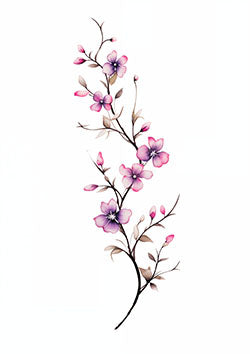 Tattoo template of a floral design with purple and pink flowers and slender branches