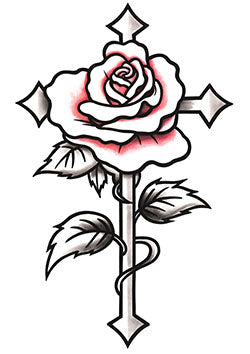 Tattoo template of a rose intertwined with a cross symbolizing beauty and devotion