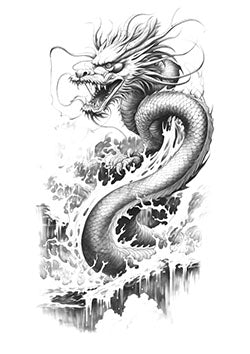 Tattoo template of an Asian dragon surrounded by clouds