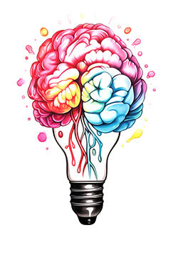 Tattoo template of a colorful brain-lightbulb symbolizing creativity and intellect