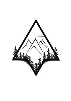 Tattoo template of a mountain landscape with pine trees in a triangle