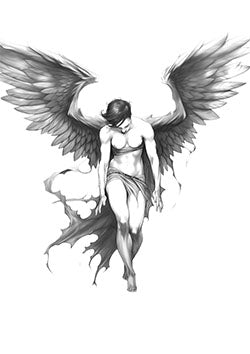 Tattoo template of a solemn angel with large detailed wings in a downward pose evoking melancholy and contemplation