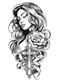 Tattoo template of a serene woman with a rose and cross