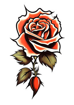 Tattoo template of a vibrant red rose with green leaves and a thorny stem