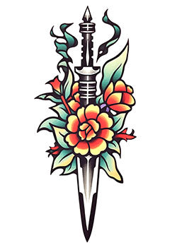 Tattoo template of a dagger with flowers, representing strength and beauty